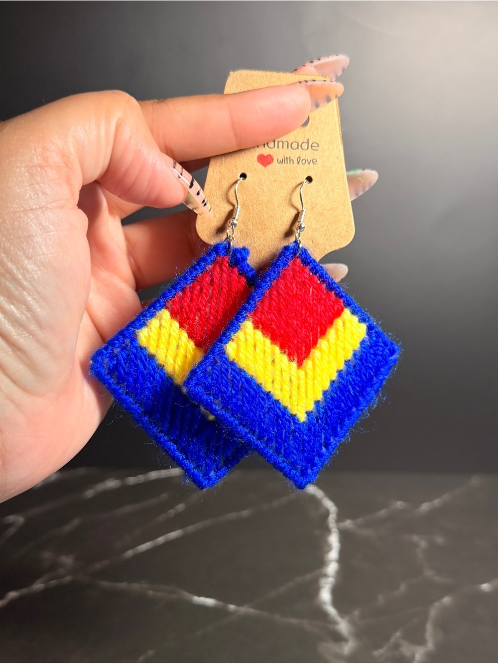 Blue, Yellow & Red Wool Crotchet Earrings